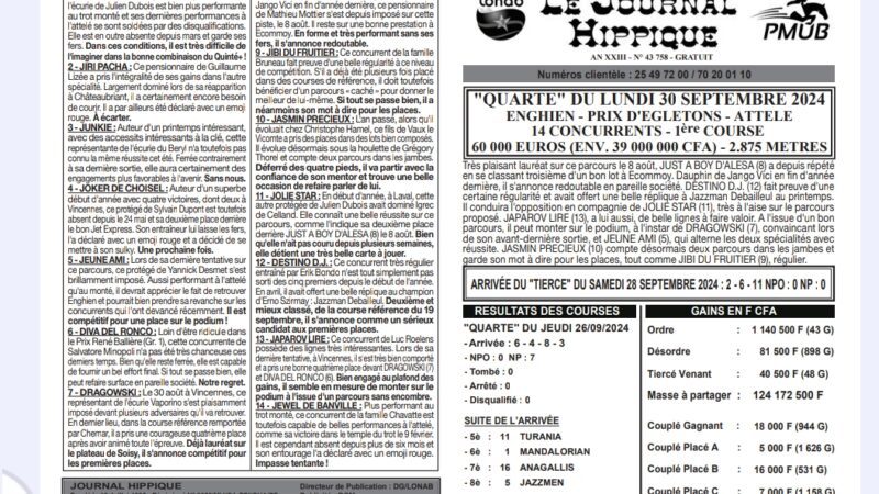 Télécharger le Journal Hippique PMUB du 30 septembre 2024