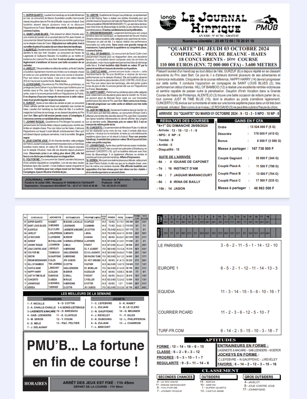 Journal hippique PMUB du 03 octobre 2024 : Analyse et stratégie