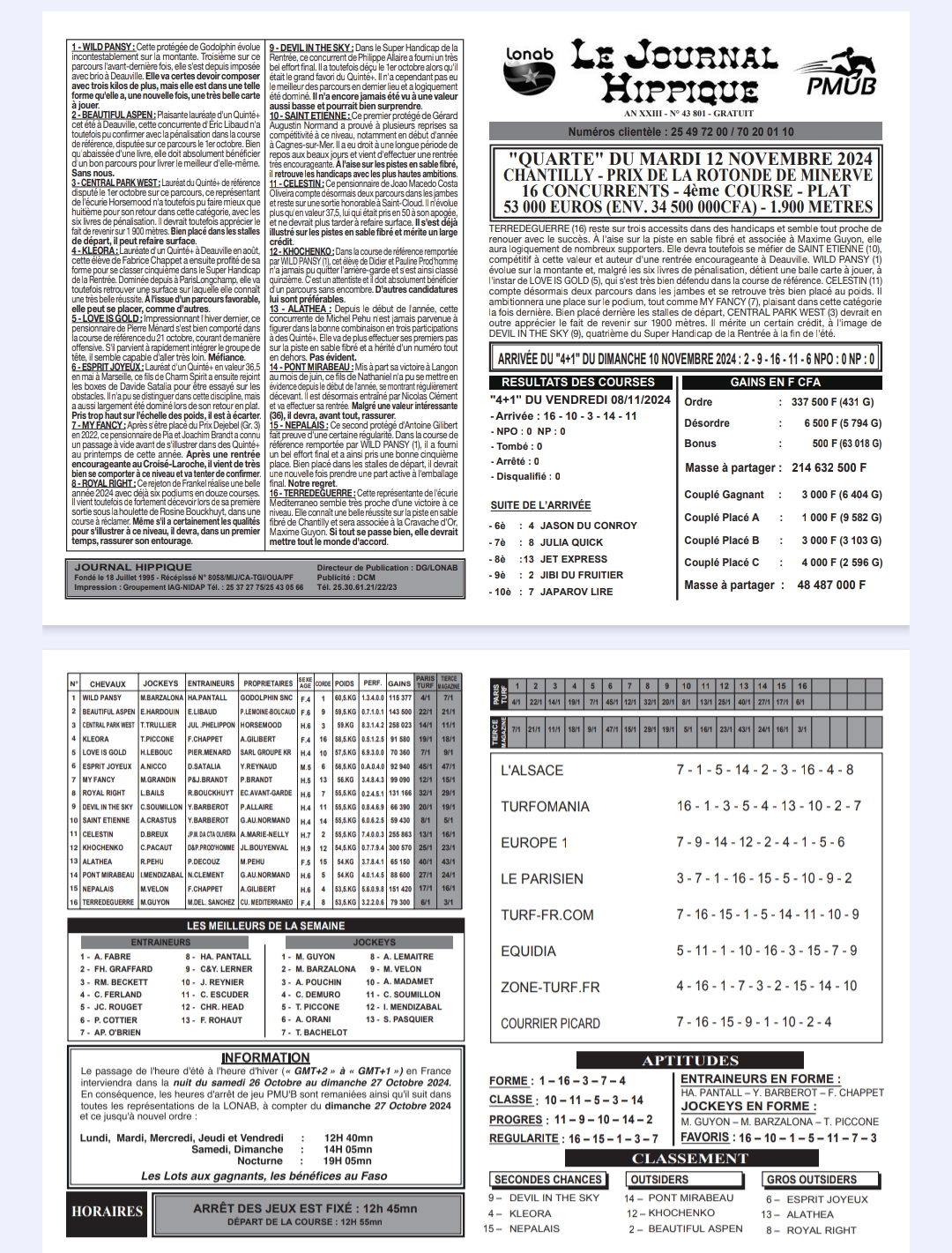 Programme Lonab du 12 novembre 2024 : Journal Hippique PMU’B