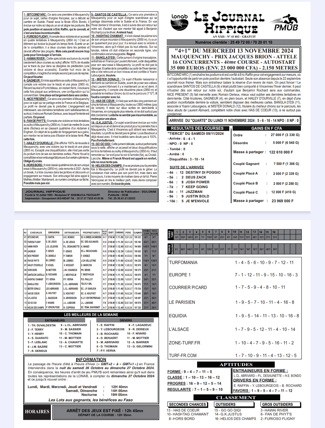 Programme LONAB du 13 Novembre 2024 : Journal Hippique